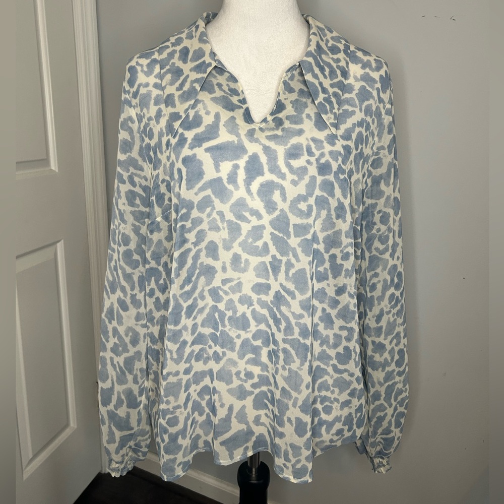 CAbi Blue and Gray Printed Blouse - Soft Abstract Pattern